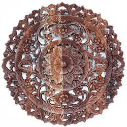 --->  Light Teak Oil Carved Round Lotus Panel (Thailand)