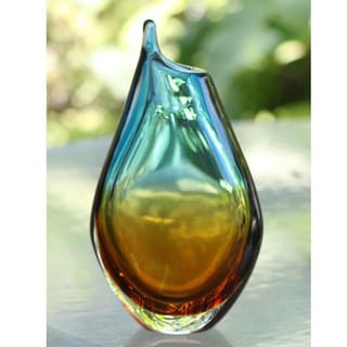 ( ._.) Handcrafted Murano Art Glass 'Sunny Sea' Handblown Vase (Brazil)