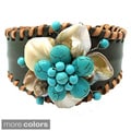 Turquoise Leather Floral Remark Mother of Pearl Cuff (Thailand)