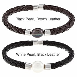 DaVonna White FW Pearl Braided Leather Bracelet (9-10 mm)-Image