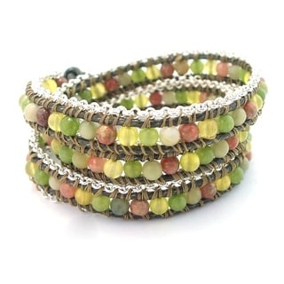 Leather Chain Link Triple Gemstone Wrap Bracelet (Thailand)