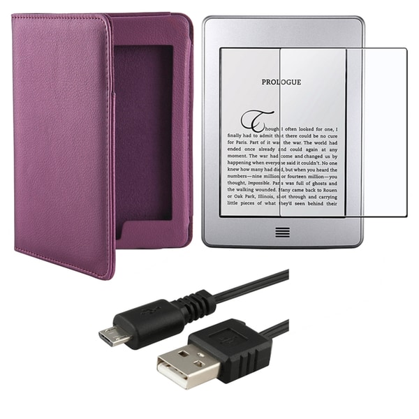 Purple Leather Case/ LCD Protector/ USB Cable for Amazon Kindle Touch