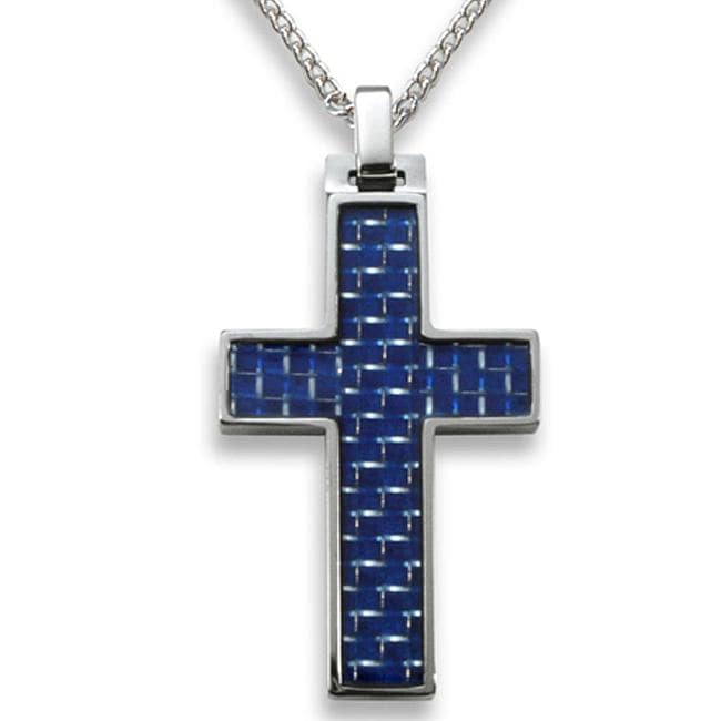 Mens Tungsten Carbide Blue Carbon Fiber Inlay Cross Necklace