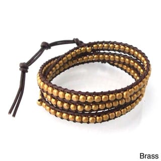 Silver/ Brass Shine Beads Leather Triple Wrap Bracelet (Thailand)