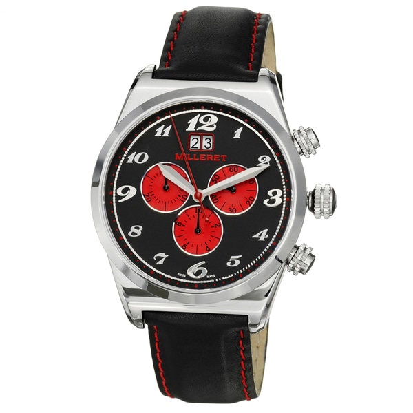 Milleret Men's 'XXL' Stainless Steel Black Red Stitching Leather Watch