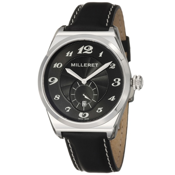 Milleret Men's 'XXL' Stainless-Steel Black White-Stitching Leather Quartz Watch