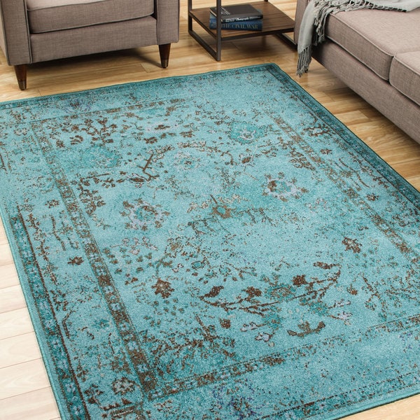 Overdyed Distressed Traditional Teal/ Grey Area Rug (6'7 x 9'6) 14211945 Overstock Shopping