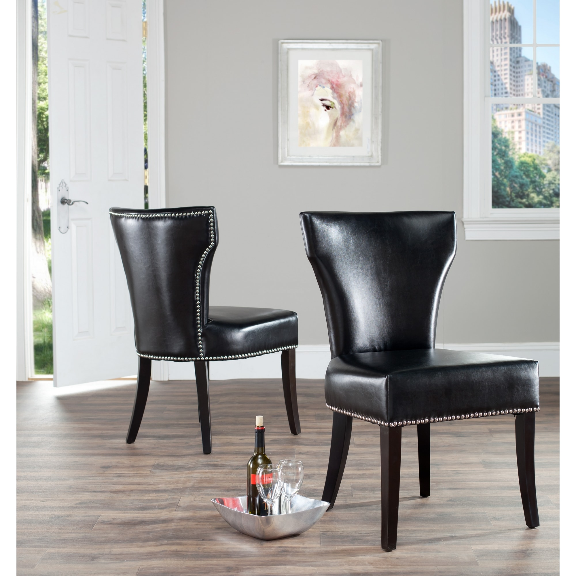 Safavieh Matty Black Leather Nailhead Dining Chairs (Set of 2