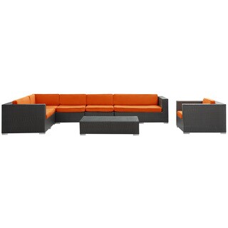 Low Price Palm Springs Outdoor Rattan 7-piece Set in Espresso with Orange Cushions