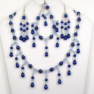 Silverplated Light Blue Crystal and Navy Pearl Jewelry Set