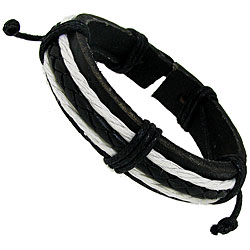 Black Leather Strap Black and White Cord Bracelet-Image