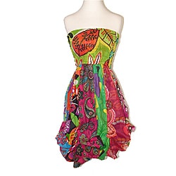 Women's Multicolored Cotton Elastic Top Sleeveless Bubble-hem Dress (Nepal)-Image