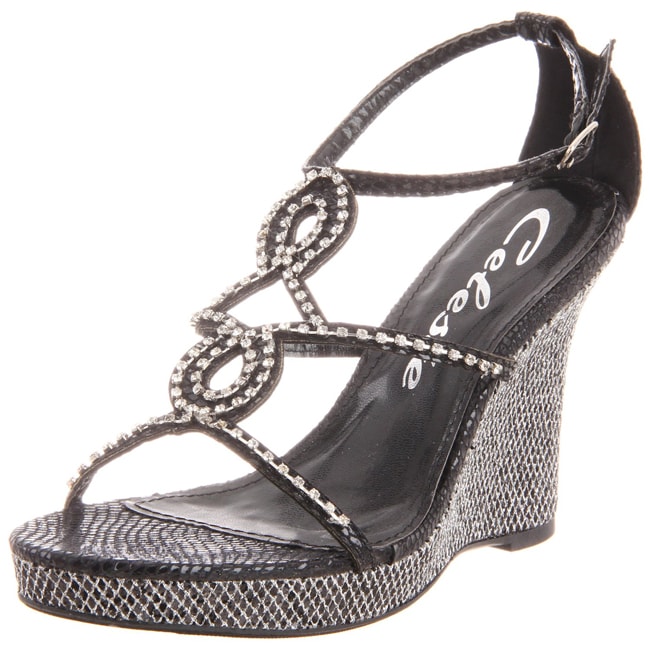 Celeste Women's 'Marisa-03' Black Jeweled Wedge Sandals - Overstock ...