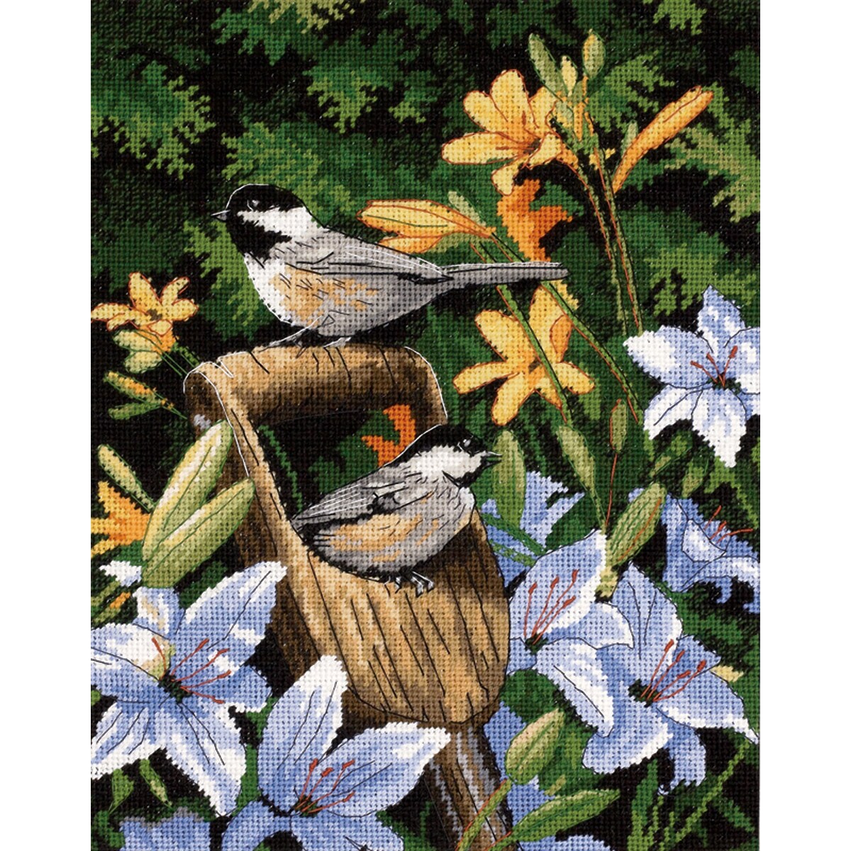 Chickadees & Lilies Needlepoint Kit11"X14" Stitched In Yarn & Floss