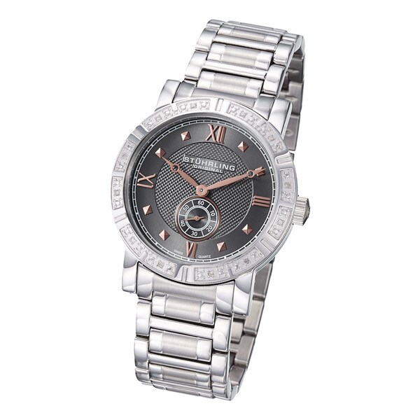 Stuhrling Original Men's Swiss Quartz Gunmetal-Dial Diamond Bracelet Watch