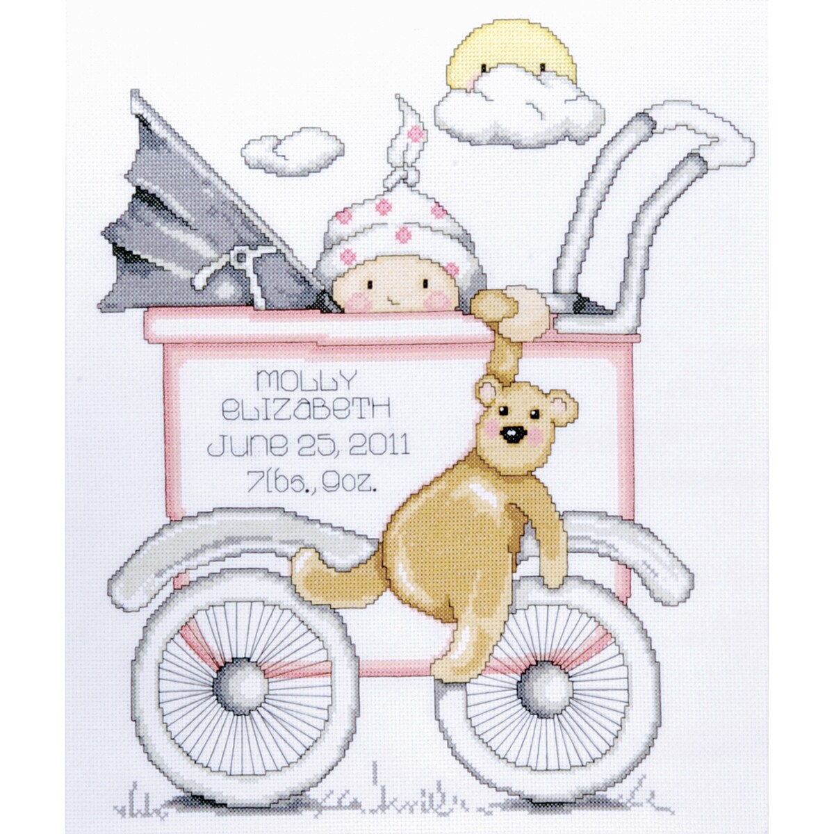 Baby Buggy Girl Birth Record Counted Cross Stitch Kit13"X15" 14 Count