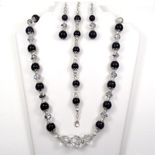 Jet Black Pearls and Silver Crystal Jewelry Set