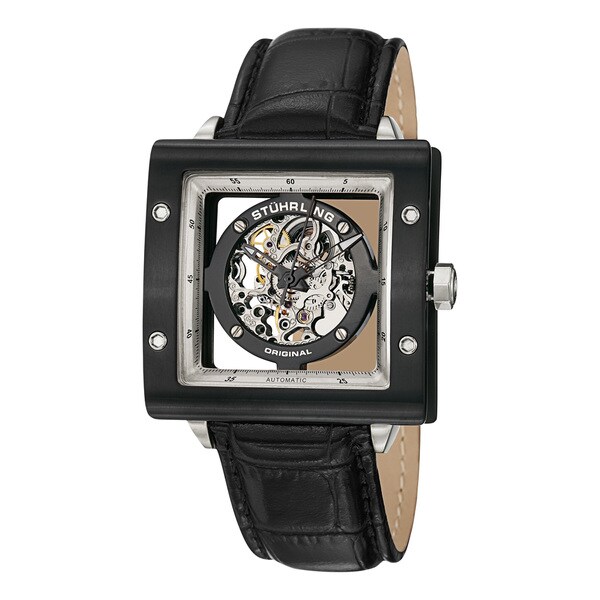 Stuhrling Original Men's Automatic Zolara Square Water-resistant Leather-strap Watch