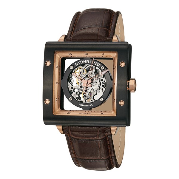 Stuhrling Original Men's Automatic Zolara Square Brown Leather Strap Watch