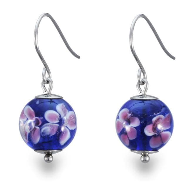 Stainless Steel Dark Blue and Pink Flower Design Glass Earrings