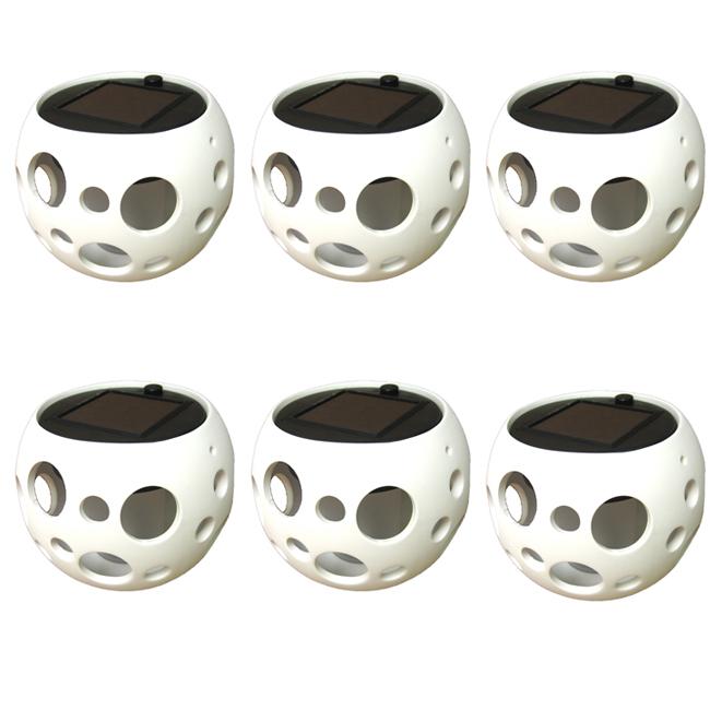 White Round Ceramic Solar Lights Pot with Bubble Cutouts (Set of 6