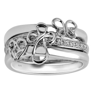 Jessica Simpson Silver 1/10ct TDW Diamond Cross, Butterfly and Heart Ring Set (size7)