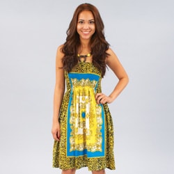 Meetu Magic Women's Gold/ Turquoise Mixed Print Beaded Halter Dress-Image