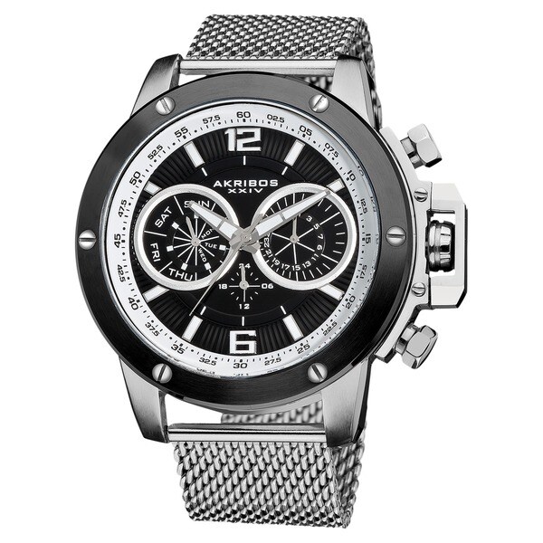 Akribos XXIV Men's Mesh-Bracelet Multifunction Watch with Black Dial