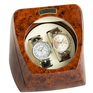Circa Burl Wood Look Finish 4-Setting Double Watch Winder with Off White Leather