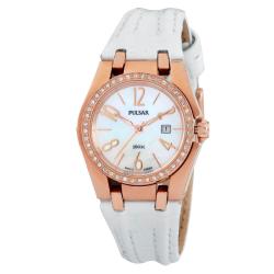 Pulsar Women's White Leather Strap Crystal-accented Watch