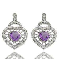 Sterling Silver Amethyst and Diamond Accent Heart Drop Earrings
