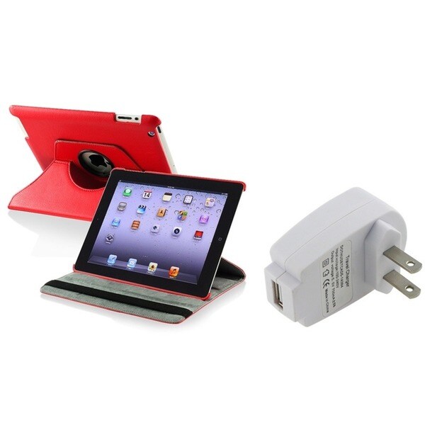 INSTEN Red Leather Swivel Tablet Case Cover/ Travel Charger for Apple iPad 2/ 3/ New iPad/ 4