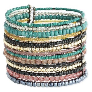 Handcrafted Wide Flexible Metal and Glass Beaded Cuff Bracelet (India)