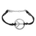 Rhodiumplated Peace Sign Black Leather Bracelet