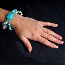 Turquoise Magnesite, Crystal and Pearl Stretch Bracelet (6.5-8.5 mm)