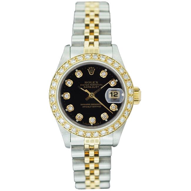Pre owned Rolex Women's Datejust Two tone Black Dial Diamond Watch (Black Pre owned Rolex Women's Datejust Two tone Black Dial Diamond Watch (Black