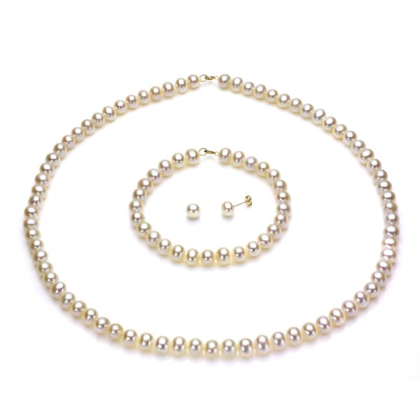 DaVonna 14k Gold White FW Pearl Necklace Bracelet and Earring Set (6-6 ...