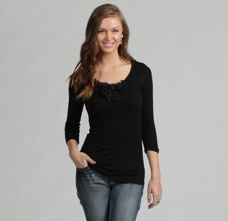 Think Knit Women's Black Floral Embellishment Top