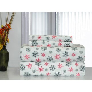 Pointehaven White Snowflakes Printed Heavyweight Flannel Sheet Set