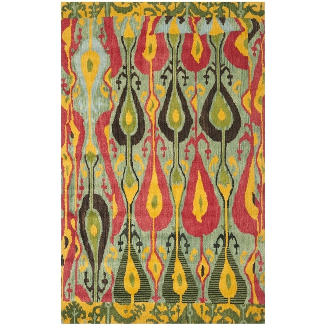 Low Price Handmade Ikat Blue/ Green Wool Rug (9' x 12')