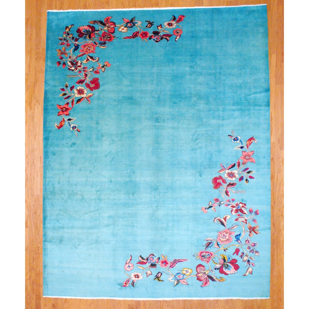 --->  Persian Hand-knotted Mashad Green/ Peach Wool Rug (9'5 x 12'4)