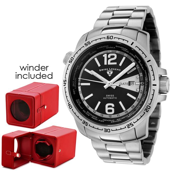 Swiss Legend Mens World Timer Black Dial Stainless Steel Watch