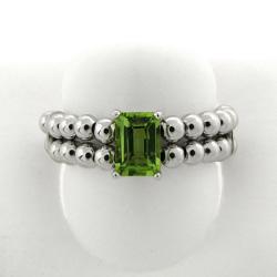 Sterling Silver Emerald-cut Peridot Beaded Stretch Ring
