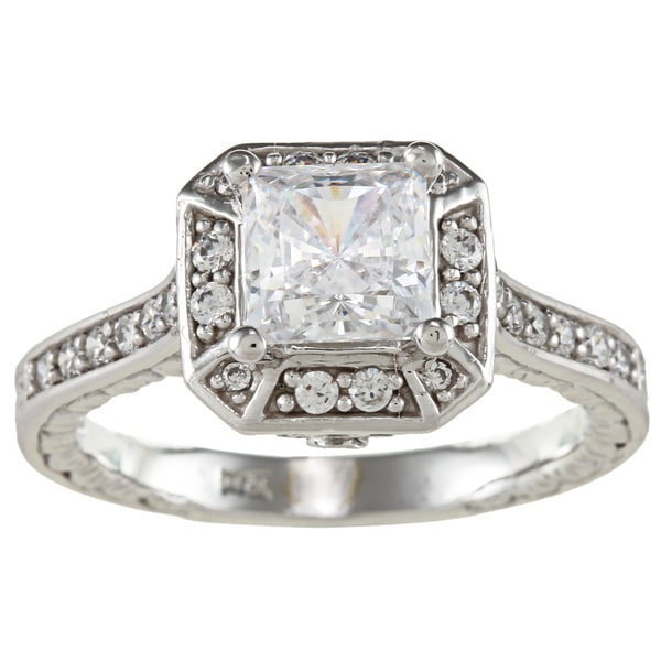 14k White Solid Gold 1 34ct Princess-cut Cubic Zirconia Halo Engraved ...