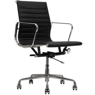Cheap Black Genuine Leather Ribbed Mid Back Office Chair