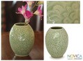 Handcrafted Celadon Ceramic 'Thai Peony' Vase (Thailand)