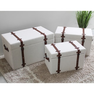 Vintage Antique Upholstered Trunks with Faux Leather Decor (Set of 3)