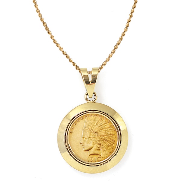 ... Gold 10 Indian Head Gold Piece Eagle Coin Dome Bezel Pendant Necklace