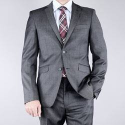 Men's Slim Fit Textured Black 2-button Wool Suit-Image