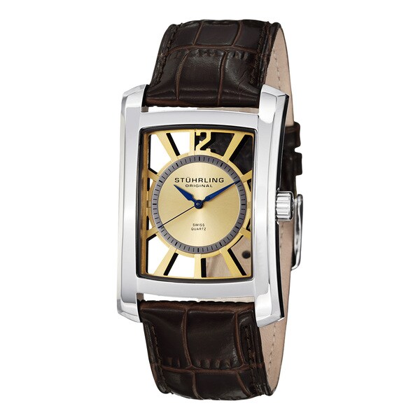 Stuhrling Original Men's Gatsby Skeleton Quartz Leather Strap Watch